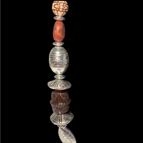 Signed Avon Costume Silver and Neutral Color Tribal Beads Chunky Long Necklace - Picture 4 of 6